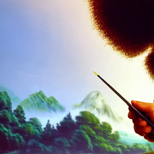 Image similar to a closeup photorealistic photograph of bob ross working on a canvas painting of mickey mouse. film still. brightly lit scene. mountains and trees. this 4 k hd image is trending on artstation, featured on behance, well - rendered, extra crisp, features intricate detail, epic composition and the style of unreal engine.