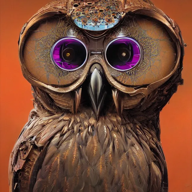 Prompt: perfectly centered portrait, front view of a biomechanical robot owl wearing glasses, moonbird, symmetrical, concept art, intricate detail, volumetric shadows and lighting, realistic oil painting by tim hildebrandt,
