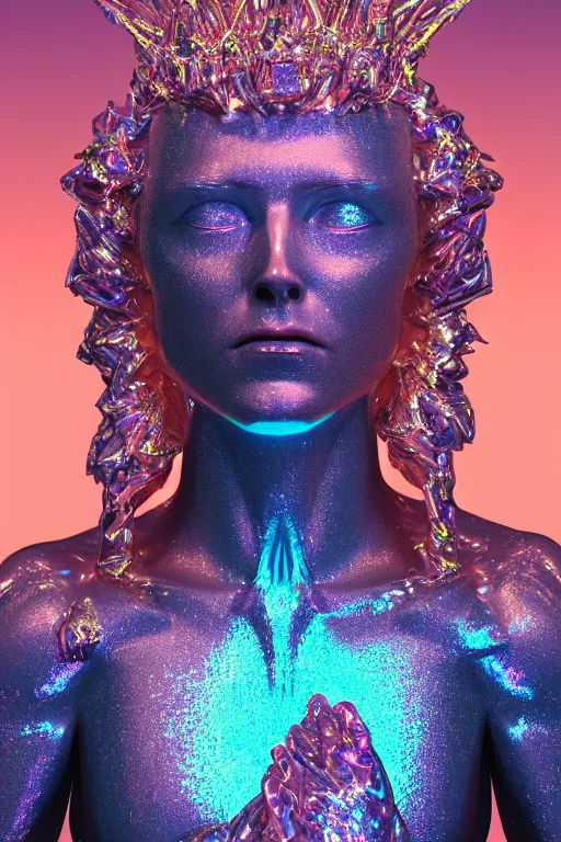Image similar to hyper detailed ultra sharp portrait of baroque and bladerunner delicate neon diamond sculpture of seductive muscular albino king jesus, diamond pink sphinx iridescent humanoid deity wearing metallic hoody made out of hands holding the sun prismatic dungeon, glowing blue face, crown of white diamonds, cinematic lighting, photorealistic, octane render 8 k depth of field 3 d