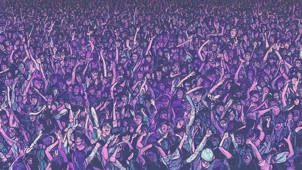 Image similar to detailed illustration of a concert crowd seen from the front composed of a heterogeneous group of people dancing, dark blue and intense purple color palette, 4 k in the style of kojima ayami, amano yoshitaka