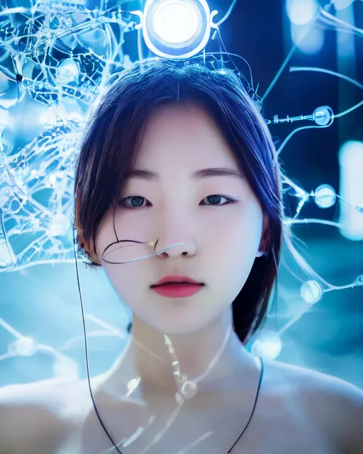 Image similar to beautiful centered photo of korean girl as a solarpunk cyborg with white mechanical parts and implanted bright halogen lamps, treading above calm water, ultra - realistic and detailed, sun lit, white background, bokeh, soft focus, slow exposure hdr 8 k