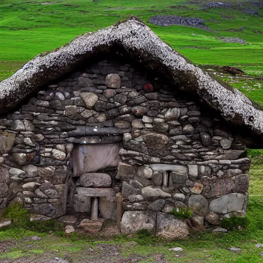 Image similar to ancient scottish blackhouse designed by constantin brodzki., fujinon premista 1 9, 4 5 mm