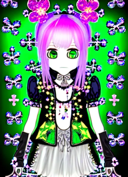 Image similar to baroque bedazzled gothic royalty frames surrounding a hologram of decora styled green haired yotsuba koiwai wearing a gothic spiked jacket, background full of lucky clovers, crosses, and shinning stars, holography, irridescent