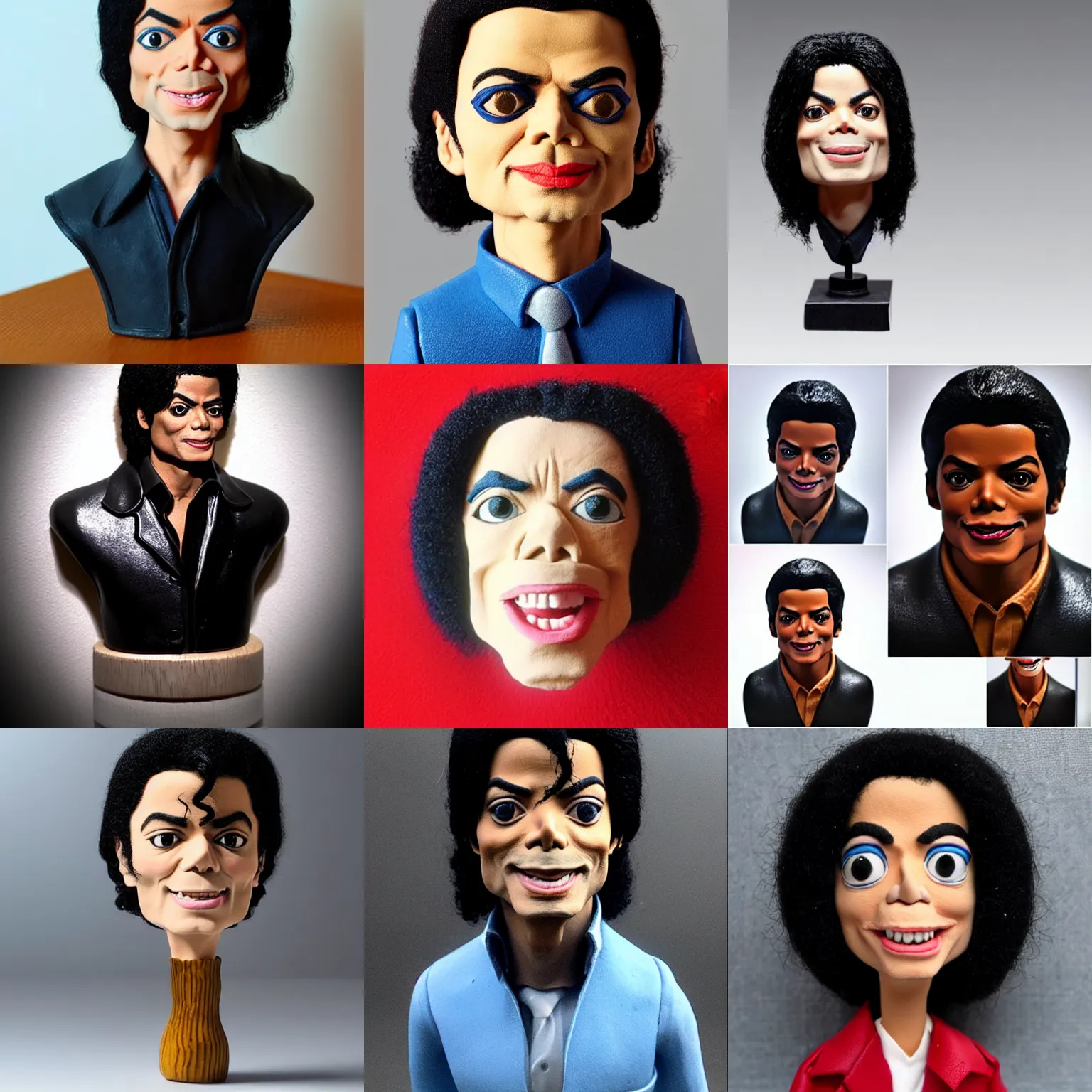 Prompt: michael jackson!!! very extremely realistic!!! extreme likeness!!! smooth specular clay! extremely close smooth specular sculpted headshot of michael jackson clay puppet , soft light, fog , on wooden table. style: claymation puppet kids clay , by guldies