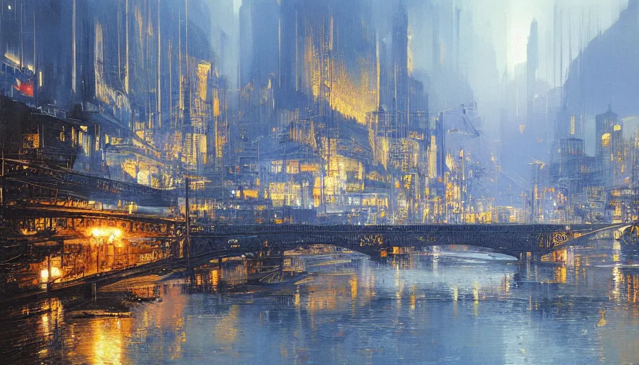 Image similar to river of blue river, intricate detailed painting, cityscape, john harris