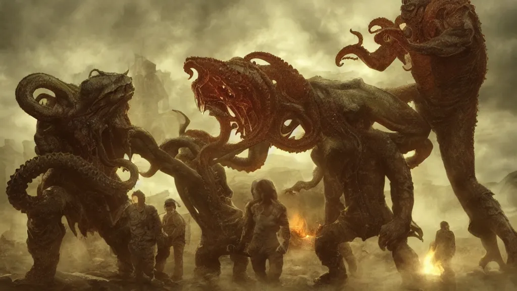 Image similar to chuck norris Fight with the giants cthulhu, cgi, trending artstation