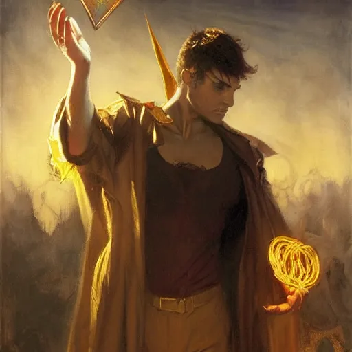 Prompt: attractive male magician casts dark spell, summoning handsome lucifer morningstar. highly detailed painting by gaston bussiere, craig mullins, j. c. leyendecker 8 k