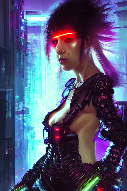 Image similar to portrait futuristic demonic cyberpunk female pirate, in futuristic stormy electric flashing tokyo rooftop cyberpunk night, ssci-fi, fantasy, intricate, very very beautiful, elegant, neon light, highly detailed, digital painting, artstation, concept art, soft light, hdri, smooth, sharp focus, illustration, art by tian zi and craig mullins and WLOP and alphonse mucha