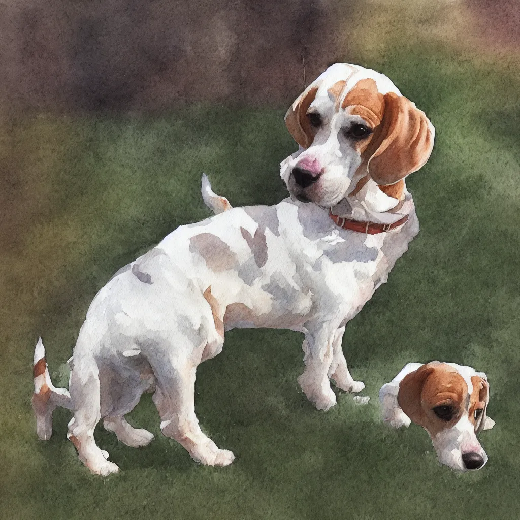 Prompt: water color painting of a white and caramel beagle dog in a backyard, harsh lighting, detailed, trending on artstation, dull pastel colors, bright, god rays, dreamy, trending on artstation