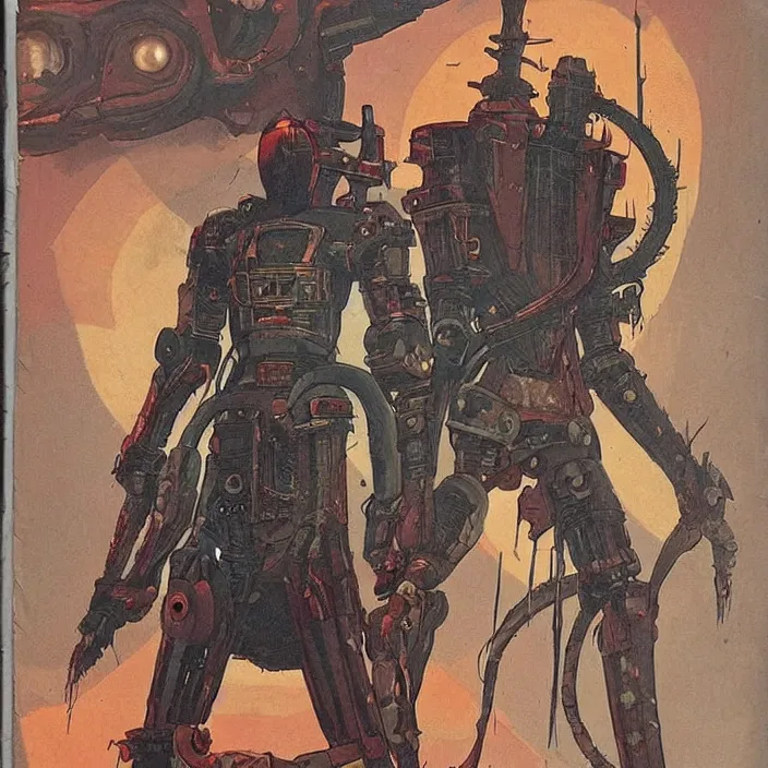 Prompt: a robot hunter from bloodborne in yharnam, style by retrofuturism, faded red and yelow, by malcolm smith, old comics in city, nicholas roerich, katinka reinke