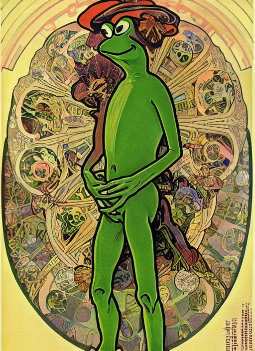 Prompt: handsome kermit the frog muscular full body portrait alphonse mucha outsider art