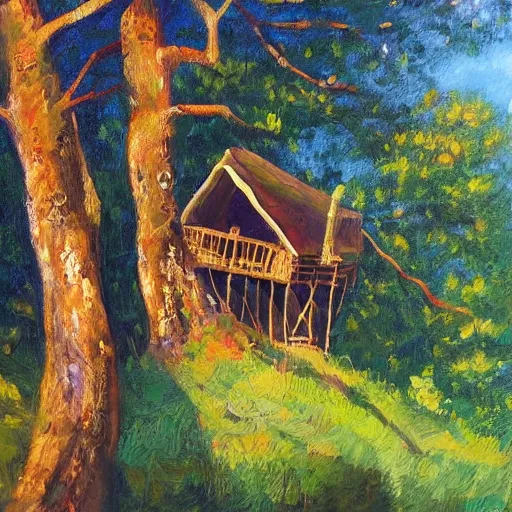 Prompt: treehouse in the countryside on a sunny day, peaceful, dreamy, brush strokes, oil painting