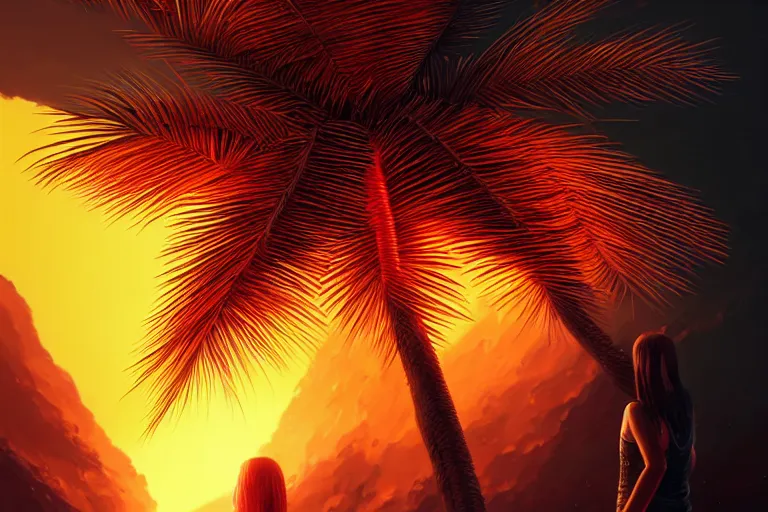 Prompt: 4K hyper detailed portrait of a Fiery Palm tree igniting a black background, sending flickering aesthetic firefly ashes towards viewer by Makoto Shinkai, by Artgerm, by beeple, by Greg Rutkowski, volumetric lighting, octane render, 4K resolution, trending on artstation, masterpiece