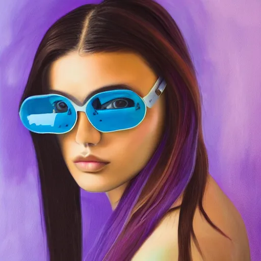 Prompt: closeup painting of a very beautiful young mexican cyberpunk woman with light blue shutter shades, one side haircut, long brown hair with light blue ends, purple leather jacket