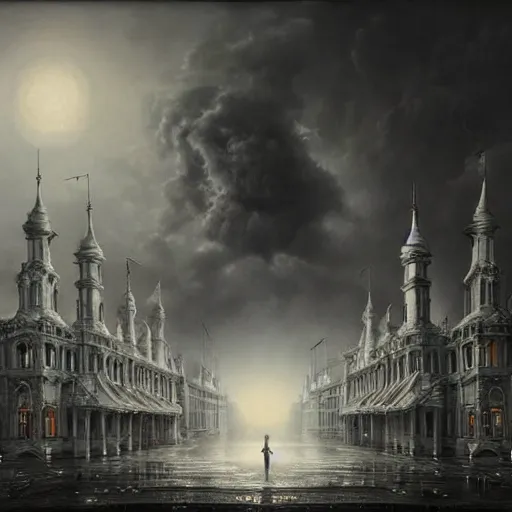 Image similar to ultra realist soft painting of a curiosities carnival by night, omnious sky, symmetry accurate features, very intricate details, By Tom Bagshaw, black and white, volumetric light clouds