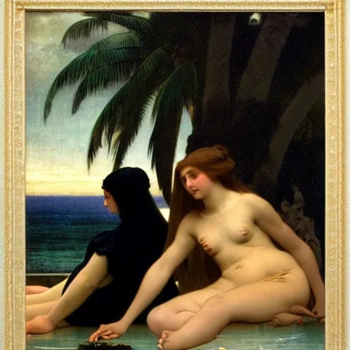 Image similar to Silhouette of two girls at the palace, thunderstorm, greek pool, beach and palm trees on the background major arcana sky, by paul delaroche, alphonse mucha and arnold böcklin arnold böcklin hyperrealistic 8k, very detailed