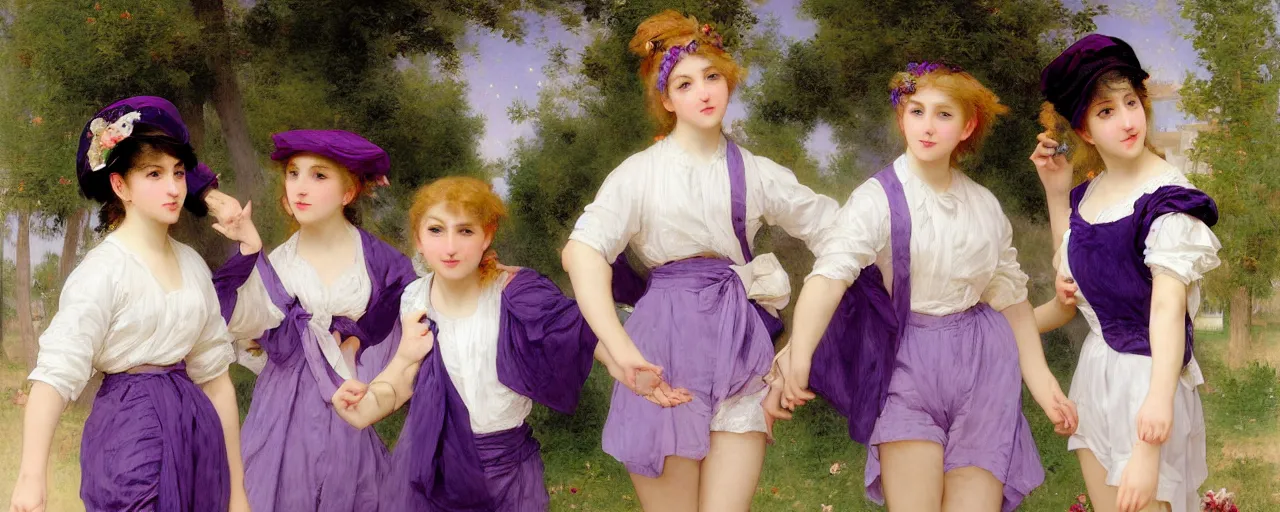 Image similar to A character sheet of full body cute magical girls with short blond hair wearing an oversized purple Beret, Baggy Purple overall shorts, Short Puffy pants made of silk, pointy jester shoes, a big billowy scarf, Golden Ribbon, and white leggings Covered in stars. Short Hair. Sunlit. Haute Couture. Art by william-adolphe bouguereau and Paul Delaroche and Alexandre Cabanel and Lawrence Alma-Tadema and Johannes Helgeson. Smooth. Elegant. Highly Detailed. Intricate. 4K. UHD. Denoise.