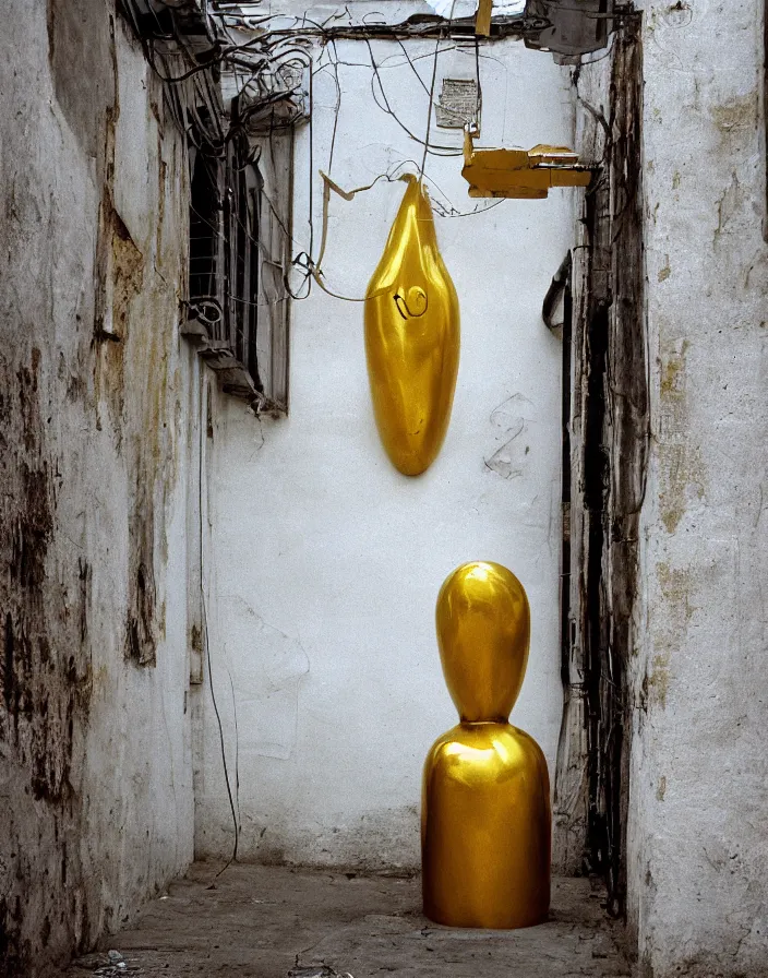 Prompt: vintage color photo of a liquid gold sculpture in a south american back alley with white and gray walls, photography by werner herzog