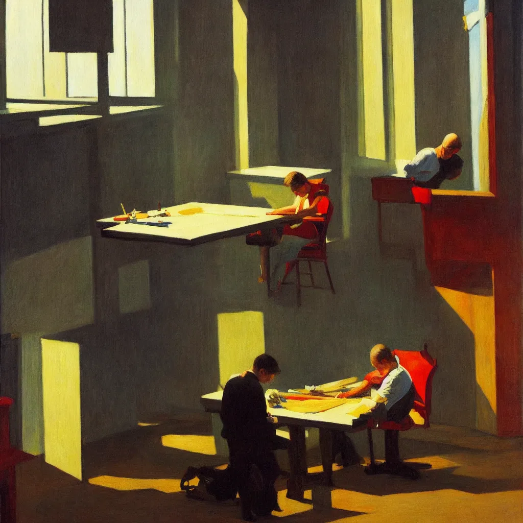 Prompt: painting of a artist, creating in his studio alone, in a huge studio, in the style of edward hopper