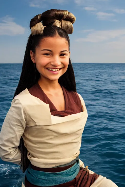 Prompt: full-length photo of real life Katara from Avatar, smiling, looking at camera, sitting on a boat