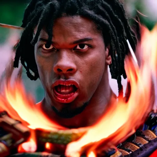 Prompt: cinematic film still Denzel Curry starring as a Samurai holding fire, Japanese CGI, VFX, 2003, 400mm lens, f1.8, shallow depth of field,film photography