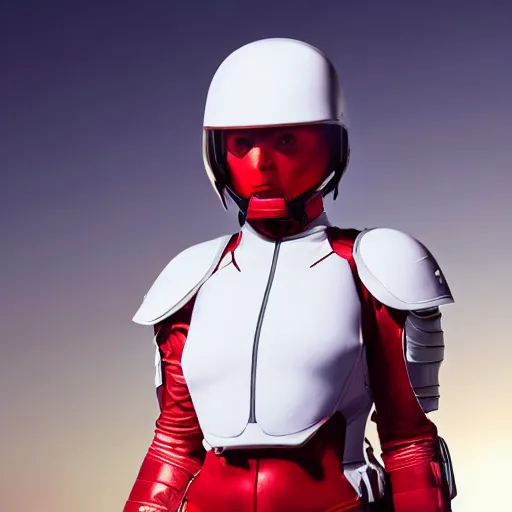 Image similar to portrait of a athletic female soldier in glossy sleek white armor with tiny red details and a long red cape, heroic posture, on the surface of mars, night time, dramatic lighting, cinematic, sci-fi, hyperrealistic