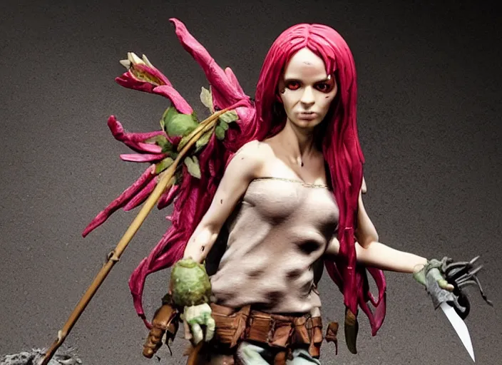 Prompt: an ominous femo figurine of a cute funny spear wielding strawberry fairy survivalist with bandages wearing a dirty floral torn dress featured on left 4 dead by studio ghibly and gamesworkshop, carrying survival gear in a large strawberry backpack, using a modelling knife as a spear, dark and moody atmosphere, hiding from fairy zombies, 🎀 🗡 🍓 🧚