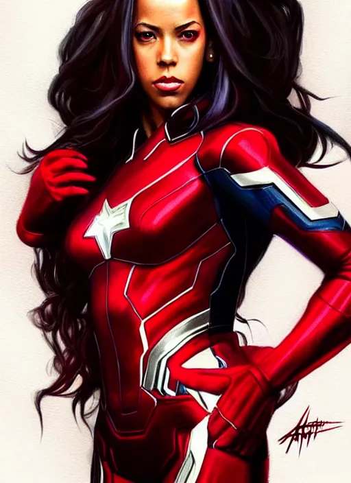 Image similar to full body portrait of marvel cinematic universe aaliyah haughton, red eyes, scarlet witch, elegant, avengers, super hero, red outfit, highly detailed!! digital painting, artstation, glamor pose, concept art, sharp focus, illustration, art by artgerm and greg rutkowski, artey freytag