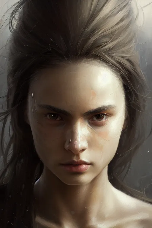 Image similar to a photorealistic painting of an attractive young girl, partially clothed in battle armor, olive skin, long dark hair, beautiful bone structure, symmetrical face, perfect eyes, intricate, elegant, digital painting, concept art, illustration, sharp focus, minimal artifacts, from Metal Gear, in the style of Ruan Jia and Mandy Jurgens, by Greg Rutkowski, trending on Artstation, award winning