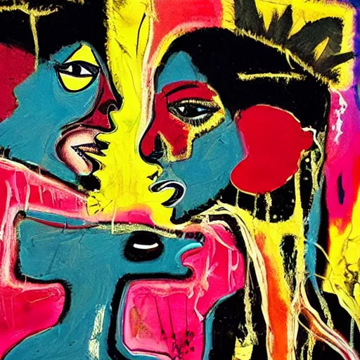 Prompt: beautiful painting of two bizarre psychedelic goth women kissing each other closeup in a cafe in japan, speculative evolution, mixed media collage by basquiat and jackson pollock, magazine collage art, sapphic art, lesbian art