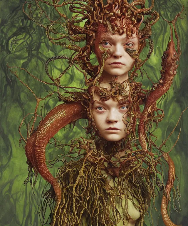 Prompt: portrait photograph of a fierce sadie sink as an alien dryad queen with slimy amphibian skin. she is trying on bulbous slimy membrane fetish fashion collar parasite and transforming into a fiery succubus amphibian villian medusa. by donato giancola, walton ford, ernst haeckel, brian froud, hr giger. 8 k, cgsociety