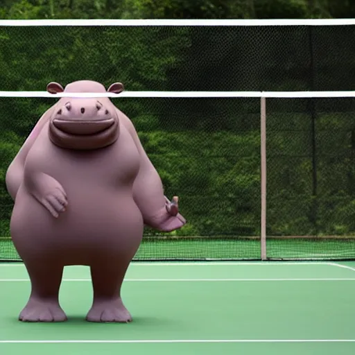 Image similar to anthromorphic hippos playing badminton in the style of a Pixar film