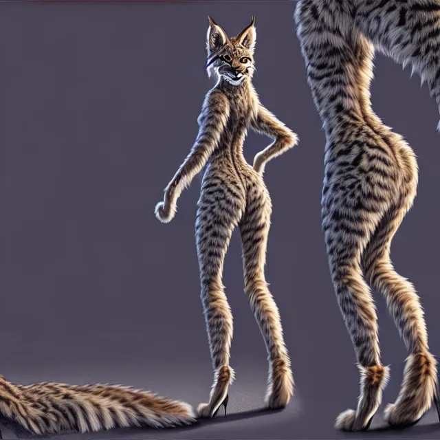 Image similar to the full body of anthropomorphic lynx fursona from behind wearing a steampunk suit as unimaginably beautiful, gorgeous, elegant, young woman with lynx head, an ultrafine hyperdetailed illustration by furaffinity, intricate linework, white fur, unreal engine 5 highly rendered, global illumination, radiant light, detailed and intricate environment