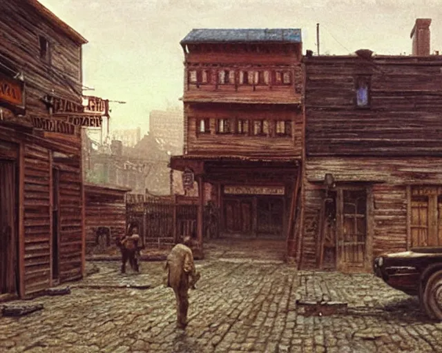 Prompt: from a movie scene, painting of a western saloon exterior in old town, gregory crewdson, beksinski, cinematic