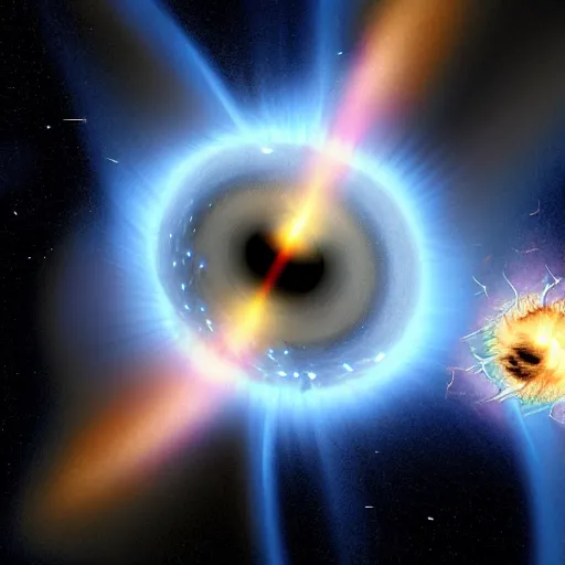 Prompt: neutron star exploding in a dramatic realistic manner near a black hole