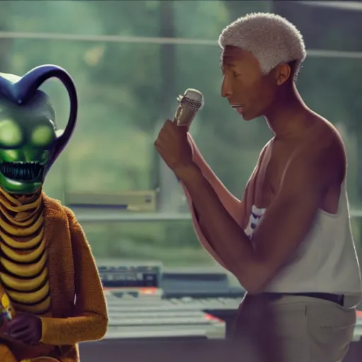 Image similar to cinematic film still of Pharrell Williams Making A Beat with an anthropomorphic alien, Japanese VFX, 2018, 400mm lens, f1.8, shallow depth of field,film photography