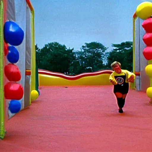 Prompt: a screen still of chris farley running the double dare obstacle course from double dare