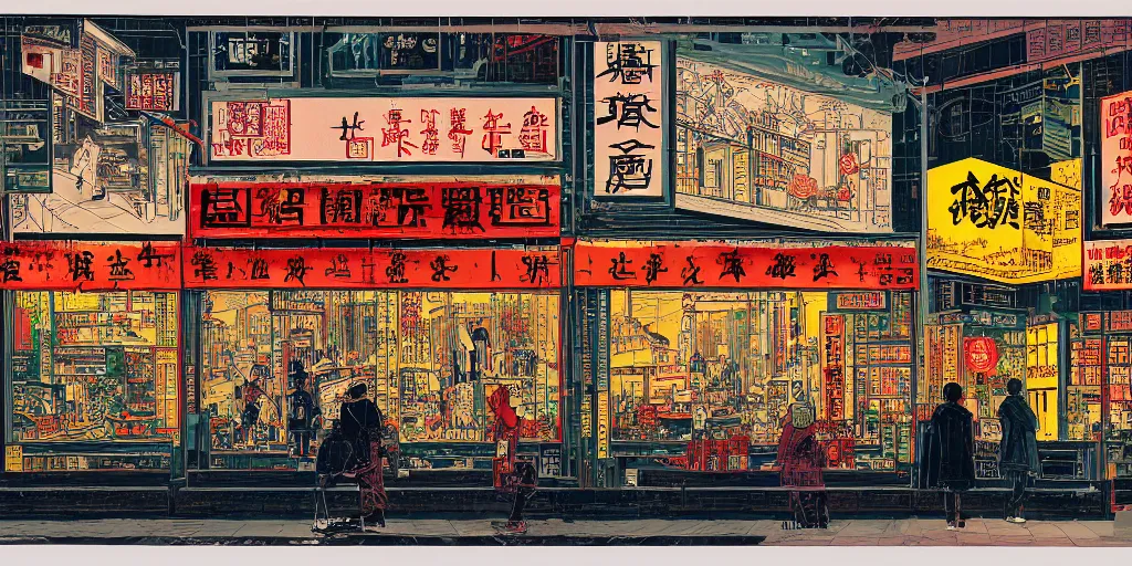 Image similar to a shop window in hong kong, by dan mumford and peter doig and edward hopper, minimal, black ink, thick lines, highly detailed, muted colours, overlaid with chinese adverts, 8 k