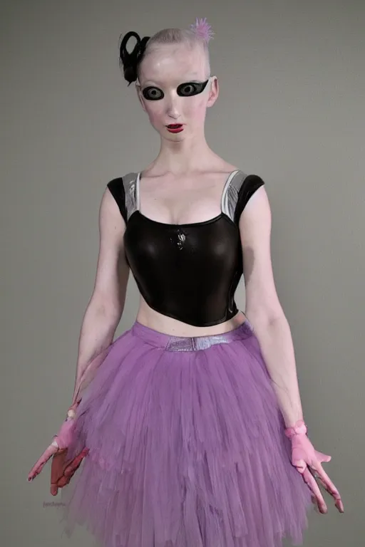 Prompt: cyberpunk beautiful girl, robotic body armour, ballet tutu by mark ryden