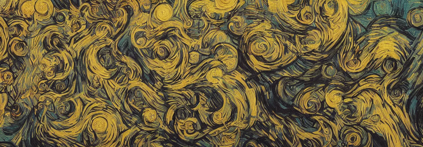 Image similar to Mural of AI art raising by Van Gogh and M. C. Escher collaboration, digital art, mix of aesthetics, close up, high details