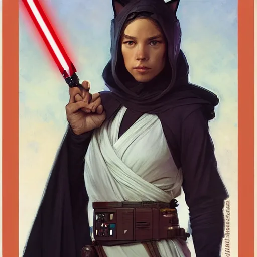 Image similar to cat girl as a jedi star wars by Stanley Artgerm Lau, greg rutkowski, thomas kindkade, alphonse mucha, loish, norman Rockwell