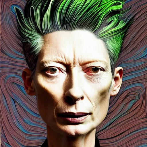 Image similar to a realistic yet sketched fierce neon tilda swinton, trending on artstation, by archan nair and marlene duma, intricate details, flowers, in the style of frank auerbach, in the style of martin ansin, in the style of david aja, in the style of mattias adolfsson