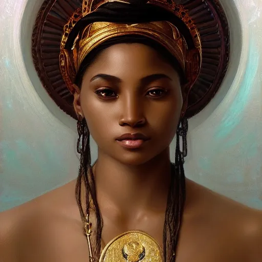 Image similar to 3 / 4 view portrait of an african moon goddess, with white skin, intricate, elegant, highly detailed, digital painting, artstation, concept art, smooth, sharp focus, illustration, art by artgerm and greg rutkowski and alphonse mucha and william - adolphe bouguereau