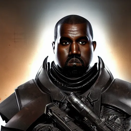 Image similar to Kanye West as the emperor of humanity from warhammer 40k in Gears of War, splash art, movie still, cinematic lighting, detailed face, face, dramatic, octane render, long lens, shallow depth of field, bokeh, anamorphic lens flare, 8k, hyper detailed, 35mm film grain