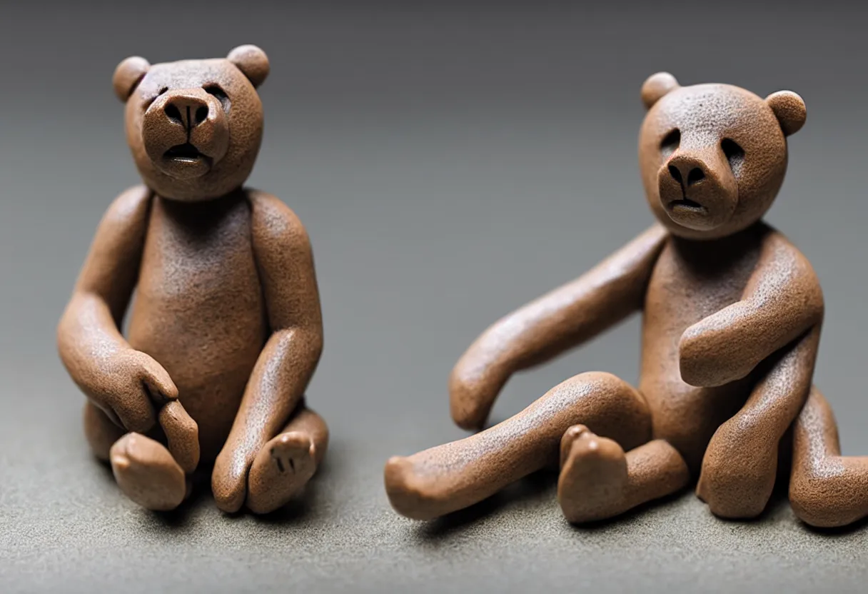 Image similar to clay bear figurine stylized on a marble table, hyper realism, low depth of field