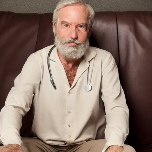 Prompt: full body artistic photo of steve, mature male, wise face. he is a doctor. he is sitting gracefully on a sofa, elegant tight beige shirt. he has enormous belly