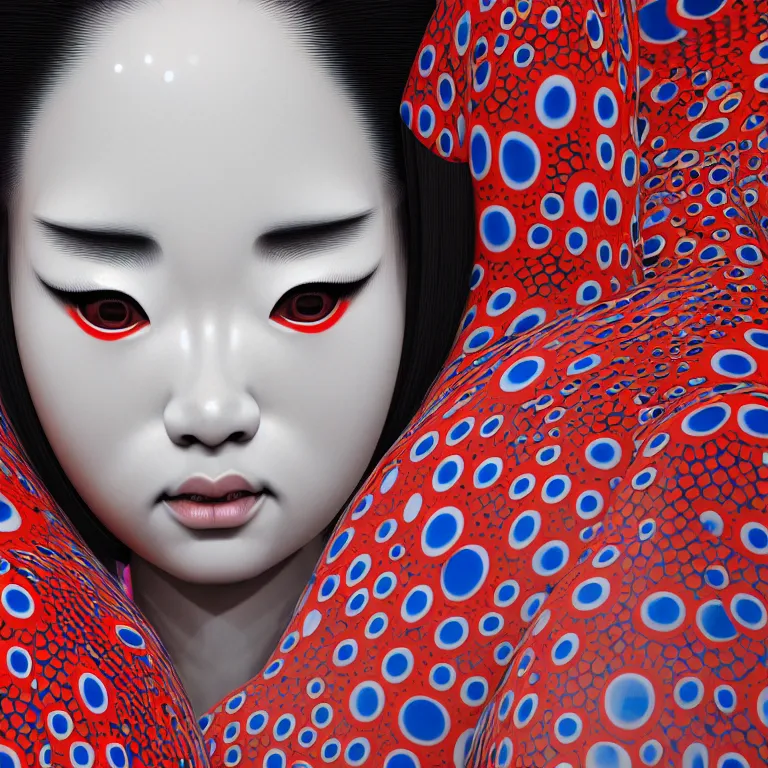 Image similar to hyperrealistic detailed image of a geisha in a art installation room, hd smooth interior by yayoi kusama, part by kei mieno, part by ross tran, dark art by james jean, ultra realistic, highly detailed, life like face, detailed body, 8 k, 3 d render by roger magrini, very cohesive, masterpiece