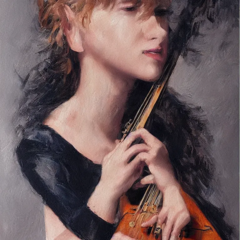 Image similar to a beautiful masterpiece painting of a female musician by juan gimenez, award winning, trending on artstation,
