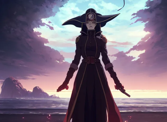 Prompt: inquisitor woman looking at the sea, helm of second world war warship in background, illustration concept art anime key visual trending pixiv fanbox by wlop and greg rutkowski and makoto shinkai and studio ghibli and kyoto animation, grimdark, symmetrical facial features, astral witch clothes, dieselpunk, backlit