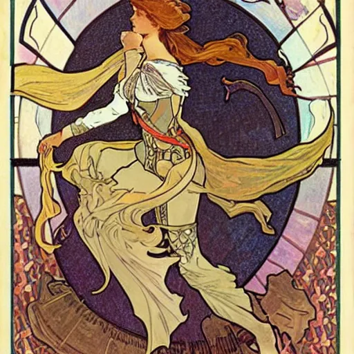 Prompt: woman in full plate armour, lance, flowing hair, fighting a dragon, painted by alphonse mucha